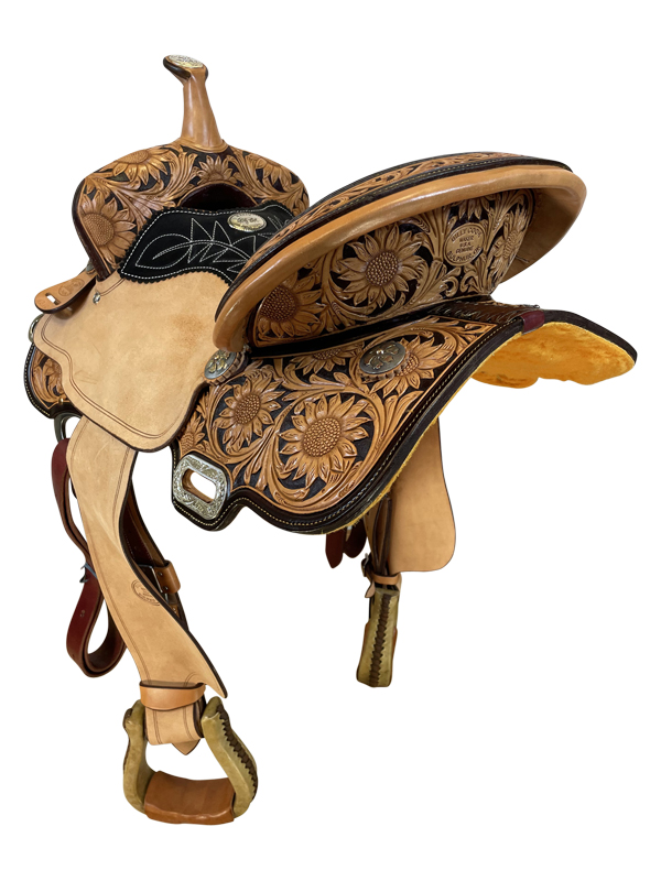 Quality 14" - 17" Billy Cook CJ Sunflower Barrel Saddle 1516 - Sunflower Tooled Barrel Racing Saddle