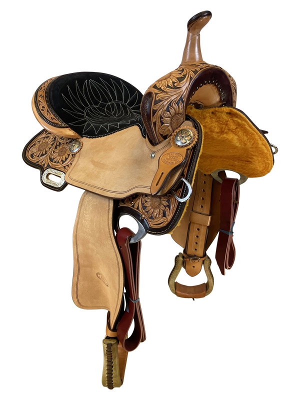 Quality 14" - 17" Billy Cook CJ Sunflower Barrel Saddle 1516 - Sunflower Tooled Barrel Racing Saddle - Image 3
