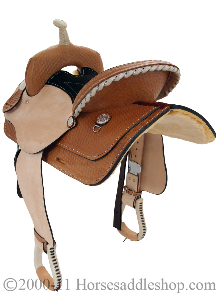Quality 15" 16" American Saddlery Denero Barrel Saddle 824 825 - Full Basket Weave Tooled Rough-Out Western Barrel Saddle - Image 3