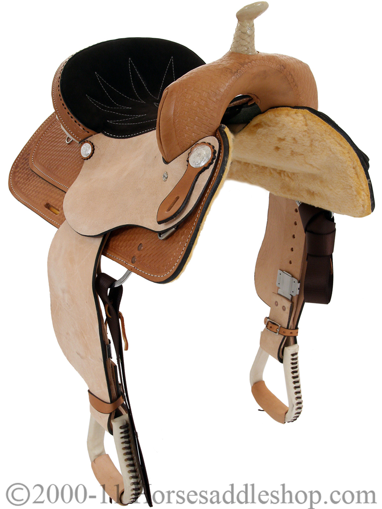 Quality 15" 16" American Saddlery Denero Barrel Saddle 824 825 - Full Basket Weave Tooled Rough-Out Western Barrel Saddle - Image 2